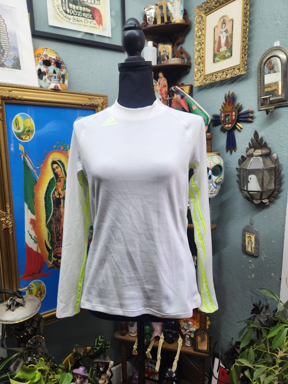 adidas White Long-Sleeve Athletic Top with Neon Yellow Accents